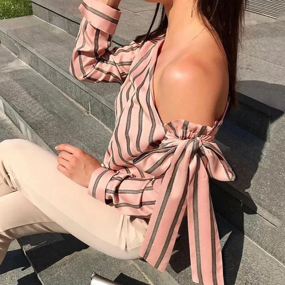 Pink/Brown Diagonal Striped One Shoulder Blouse - Picture 2 of 4